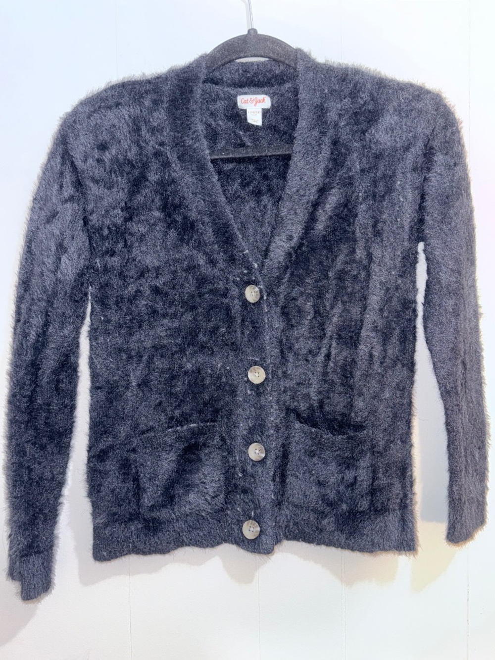 Cat & Jack Fuzzy Button-Up Cardigan — L (10/12) — Charcoal/Black